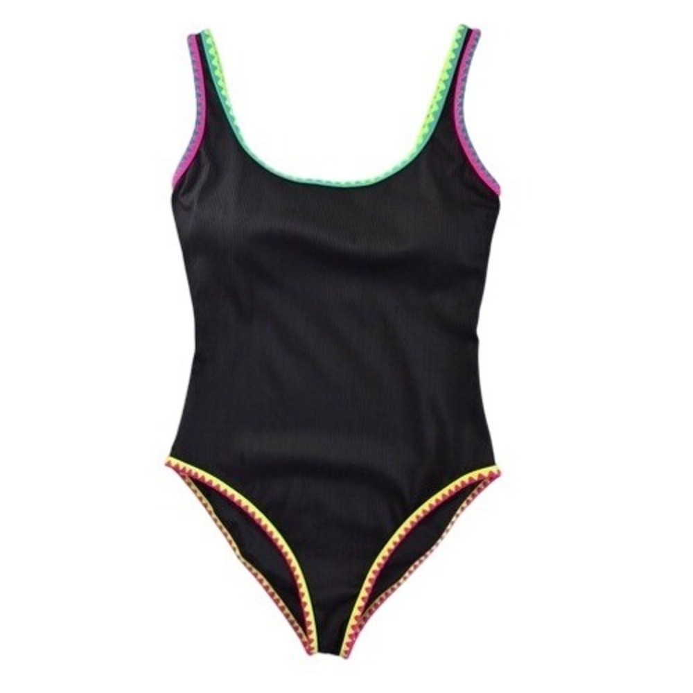 Popvil Womens One Piece Swimsuit Black‎ Ribbed Neon Ric Rac Trim Size Large
